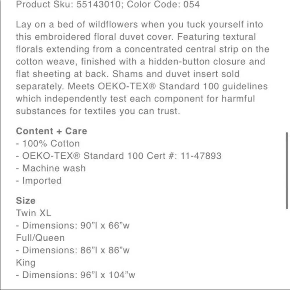 New Urban Outfitters Samantha Embroidered Floral Duvet Cover King.